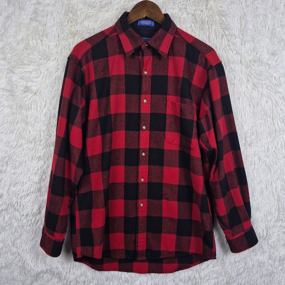 Pendleton Lodge Shirt Mens Medium Red Black Buffalo Plaid Wool Flannel